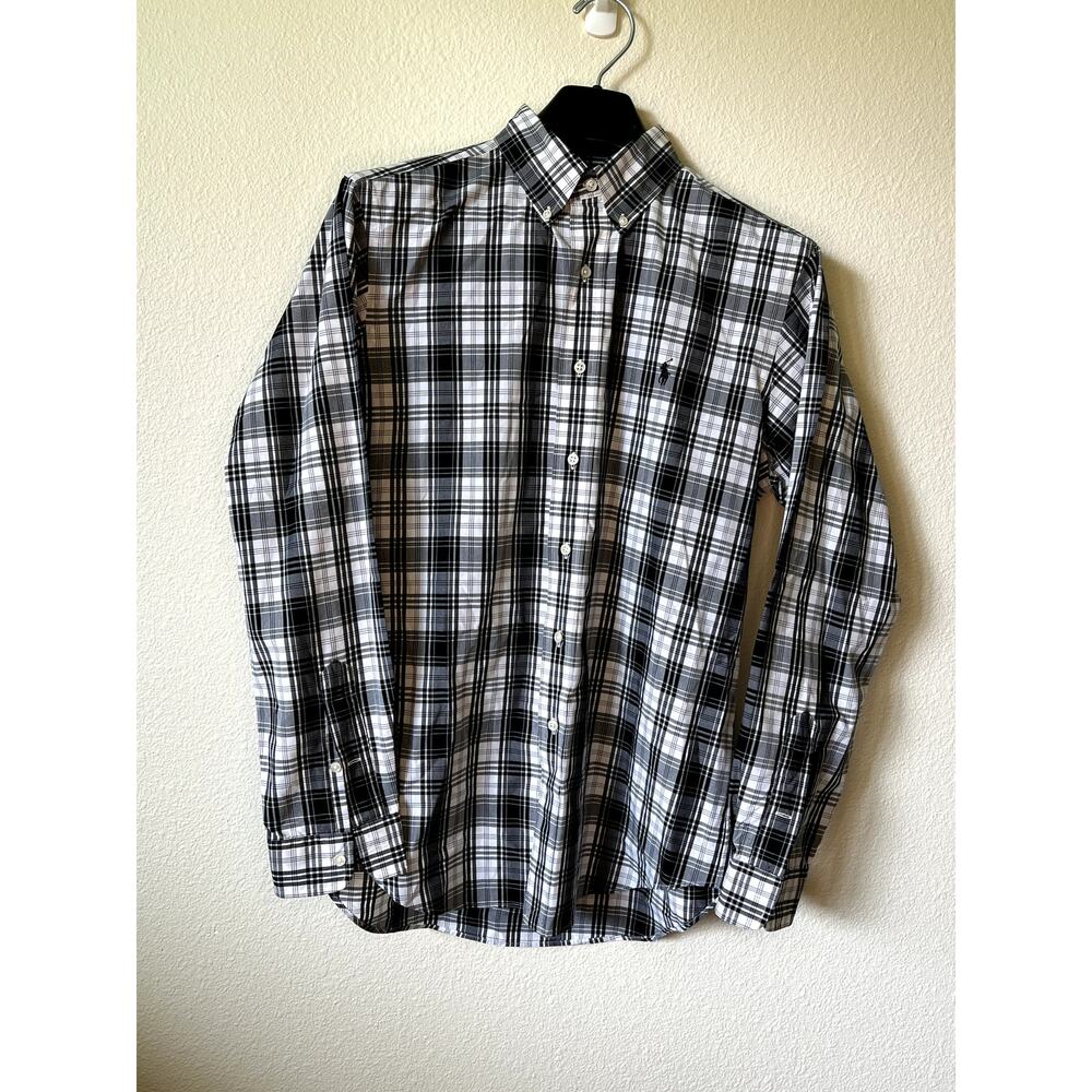 Vintage Ralph Lauren Shirt M Black White Tartan Plaid Button Down EUC